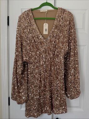 By Together Gold Sequin Deep V Neck Mini Dress